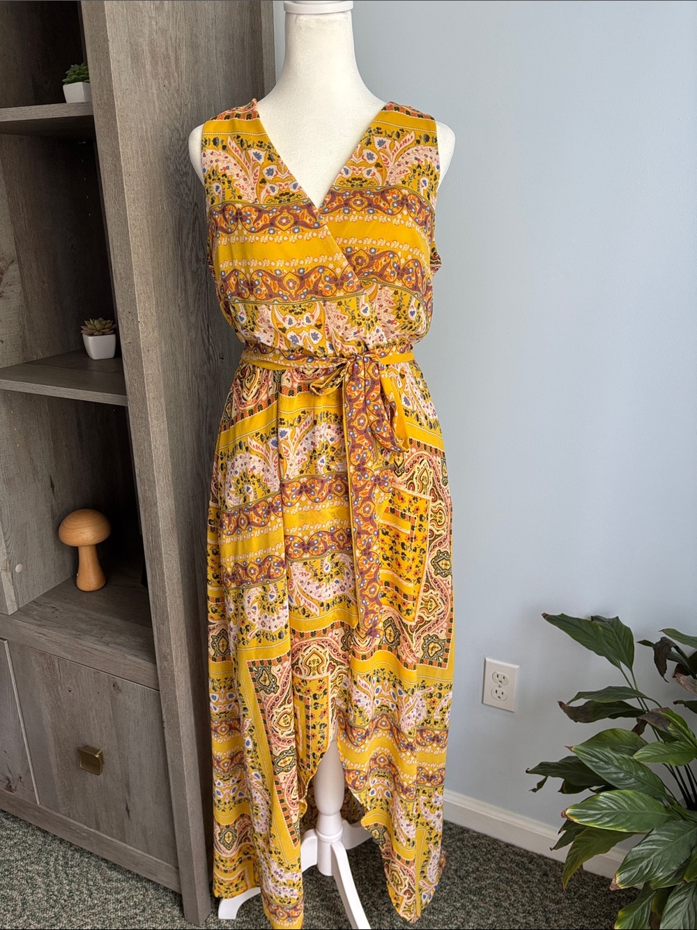 AUW Brand Yellow Paisley High-Low Wrap Dress